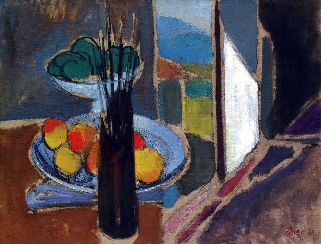 Paint brushes and fruits in the window